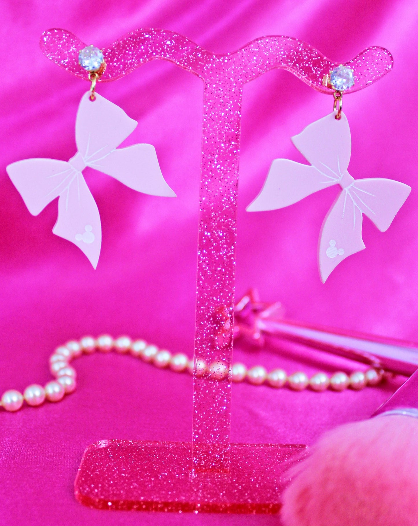 Hidden Mouse Bow Dangle Earrings - Pretty in Pink