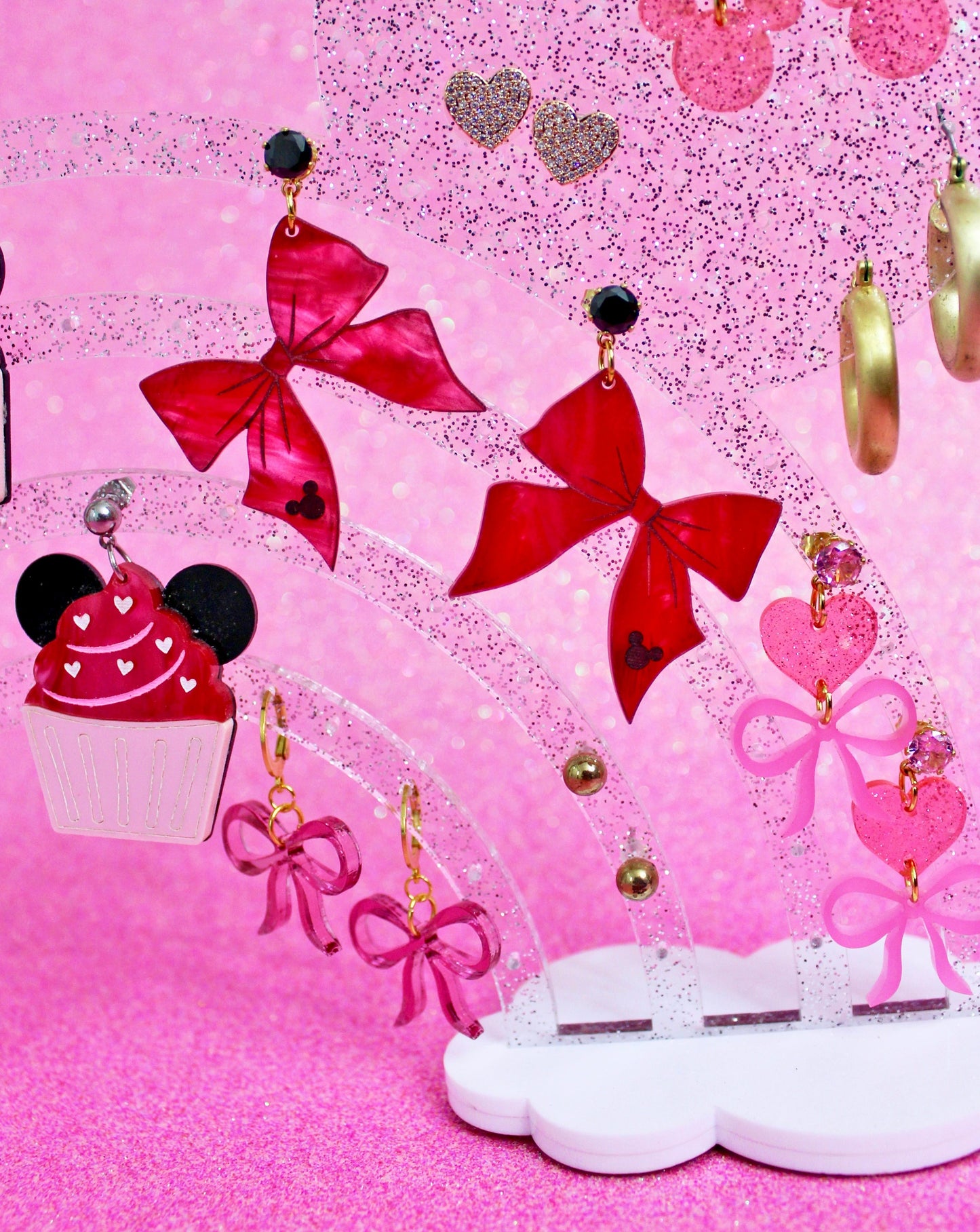 Hidden Mouse Bow Dangle Earrings - Pretty in Pink