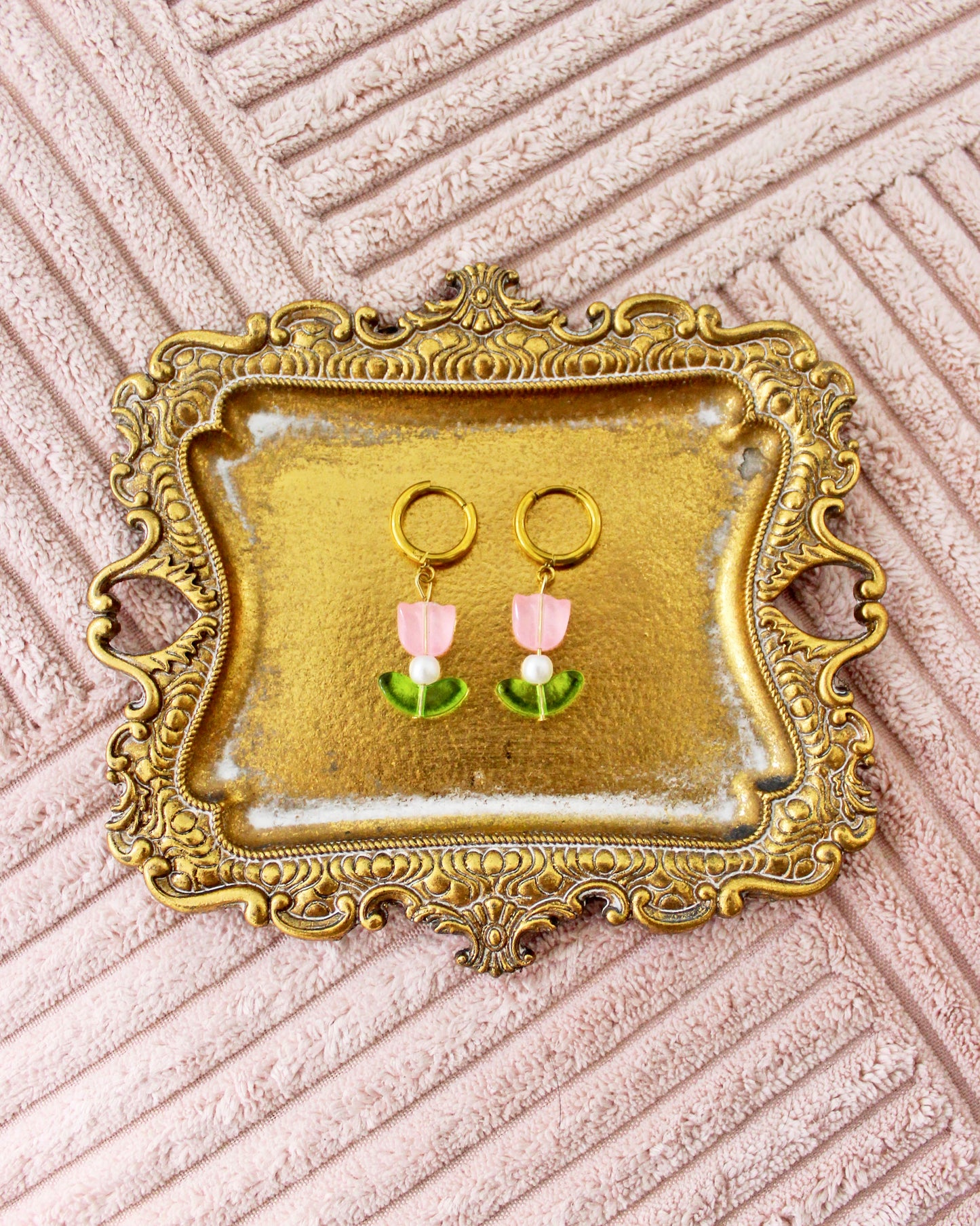 Blushing Tulips - Gold Stainless Steel Huggies