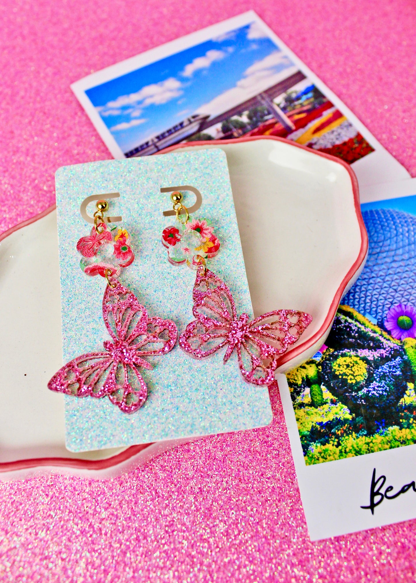 Flower Butterfly Dangle Earrings - Flower and Garden
