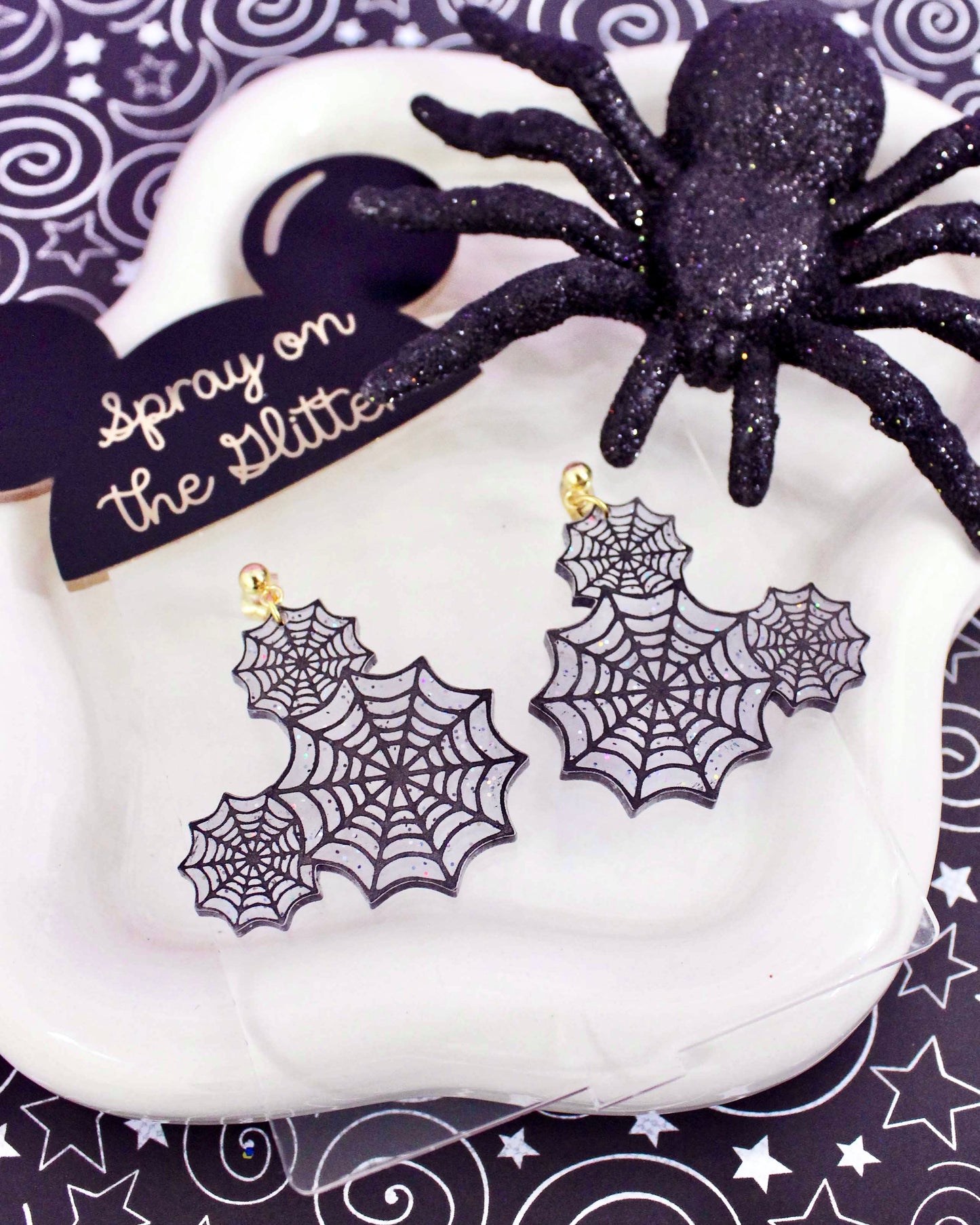 Glittery Jelly Spiderweb Earrings - Halloween