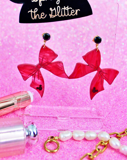 Hidden Mouse Bow Dangle Earrings - Pretty in Pink