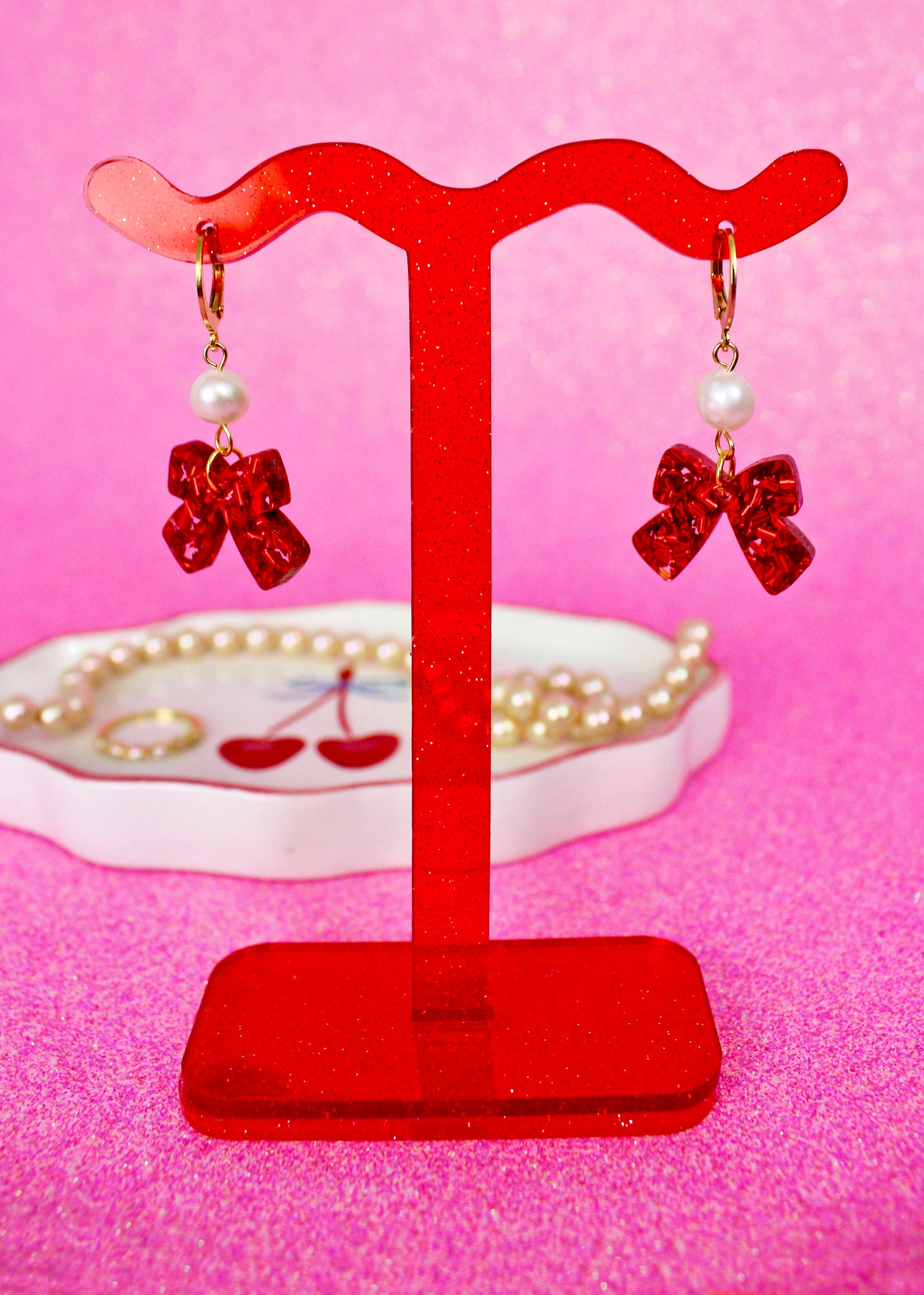 Bow Pearl Dangle Earrings - Valentine's Day